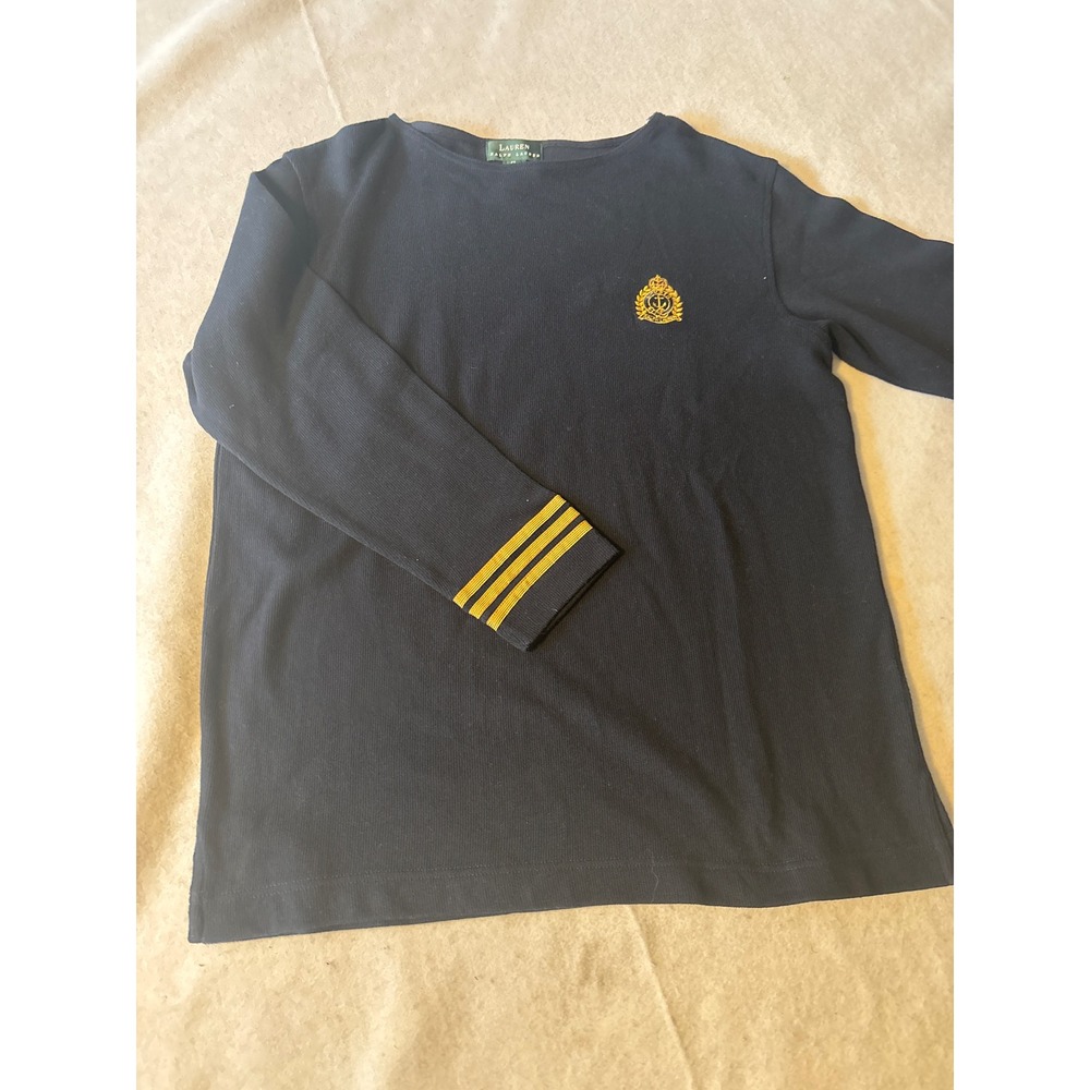 Lauren Ralph Lauren Knit Top Womens M Navy Blue Excellent Nautical Crest Stripes